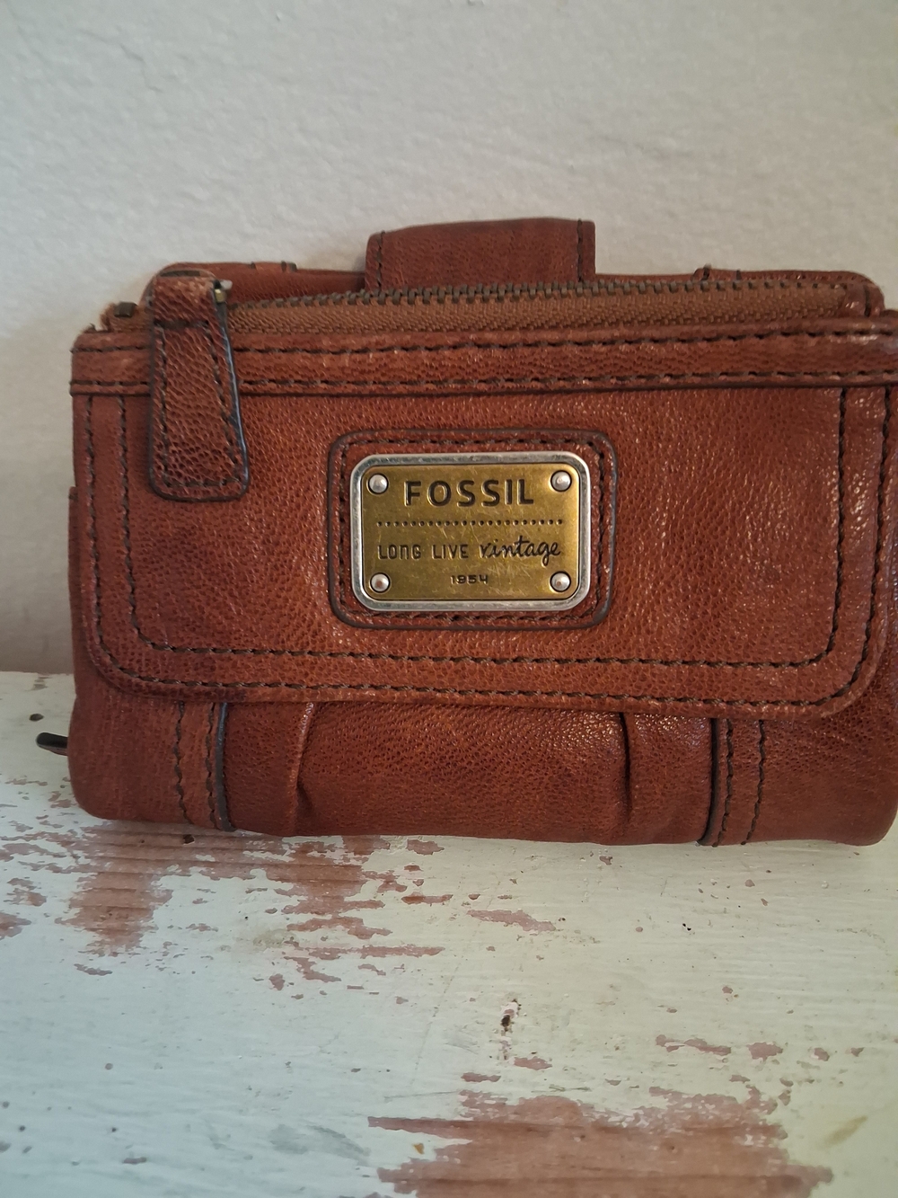 Fossil Cognac Leather Fold Wallet with Brass Plaque Vintage